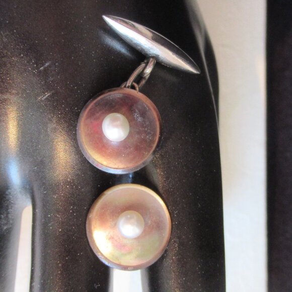Art Deco, Vintage/Antique, Cufflinks, Black MOP w/ pearl, SBM chain & toggle. - Picture 4 of 6
